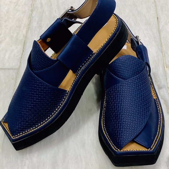 Blue Leather Sandals, Handmade Peshawari Chappal, Traditional Leather Blue - Picture 2 of 12